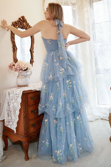 En Line Grime Grey Blue Plus Size Prom Kjole med broderi